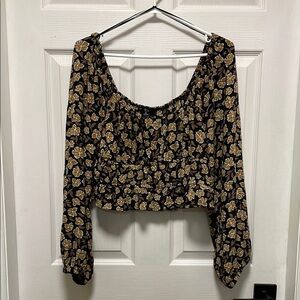 RIP CURL|Black & Golden Brown |Floral |Smocked |Crop |Balloon Sleeve |Blouse| M